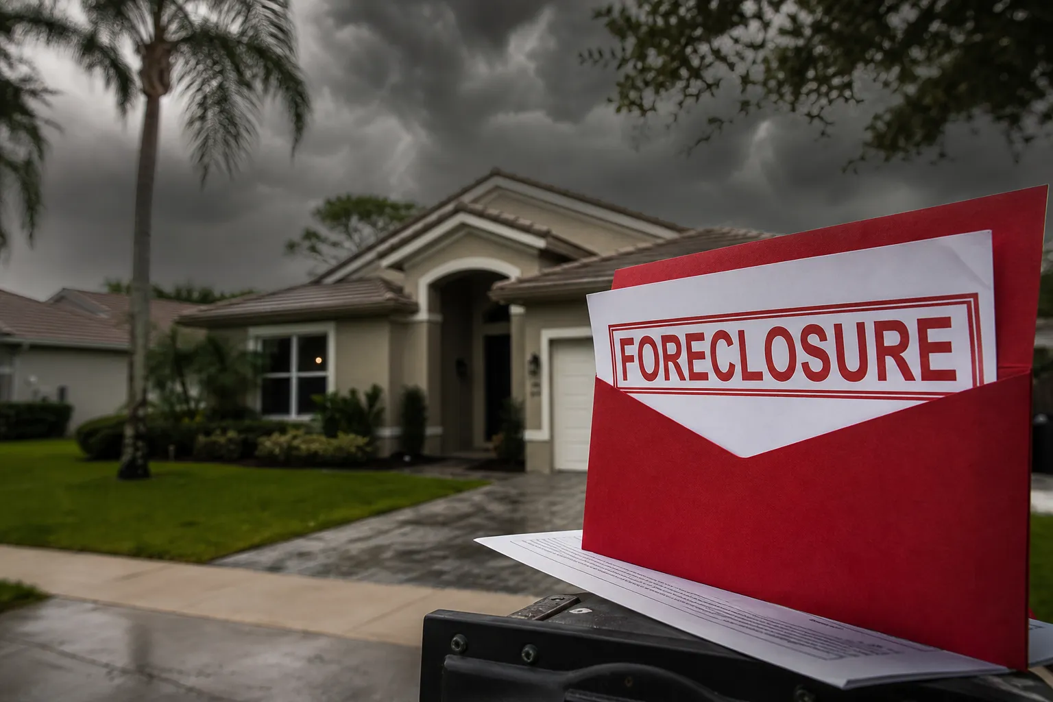 A foreclosure notice outside a Florida-style home under storm clouds