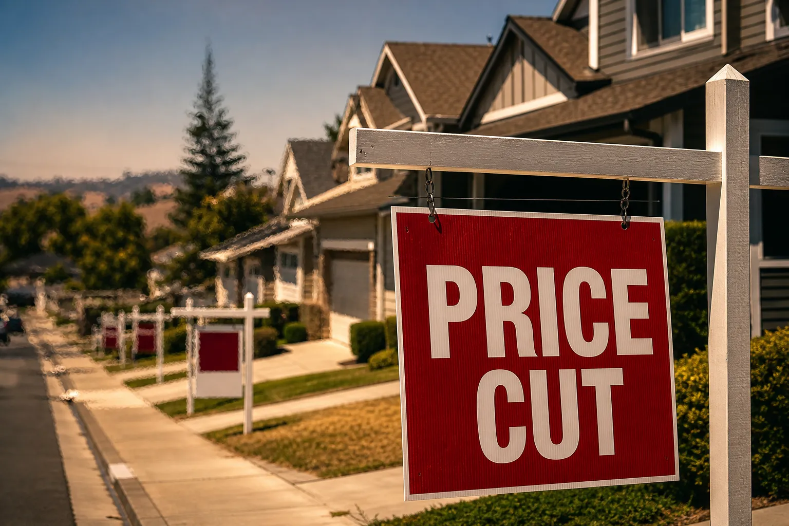 A red price cut sign outside a row of suburban homes