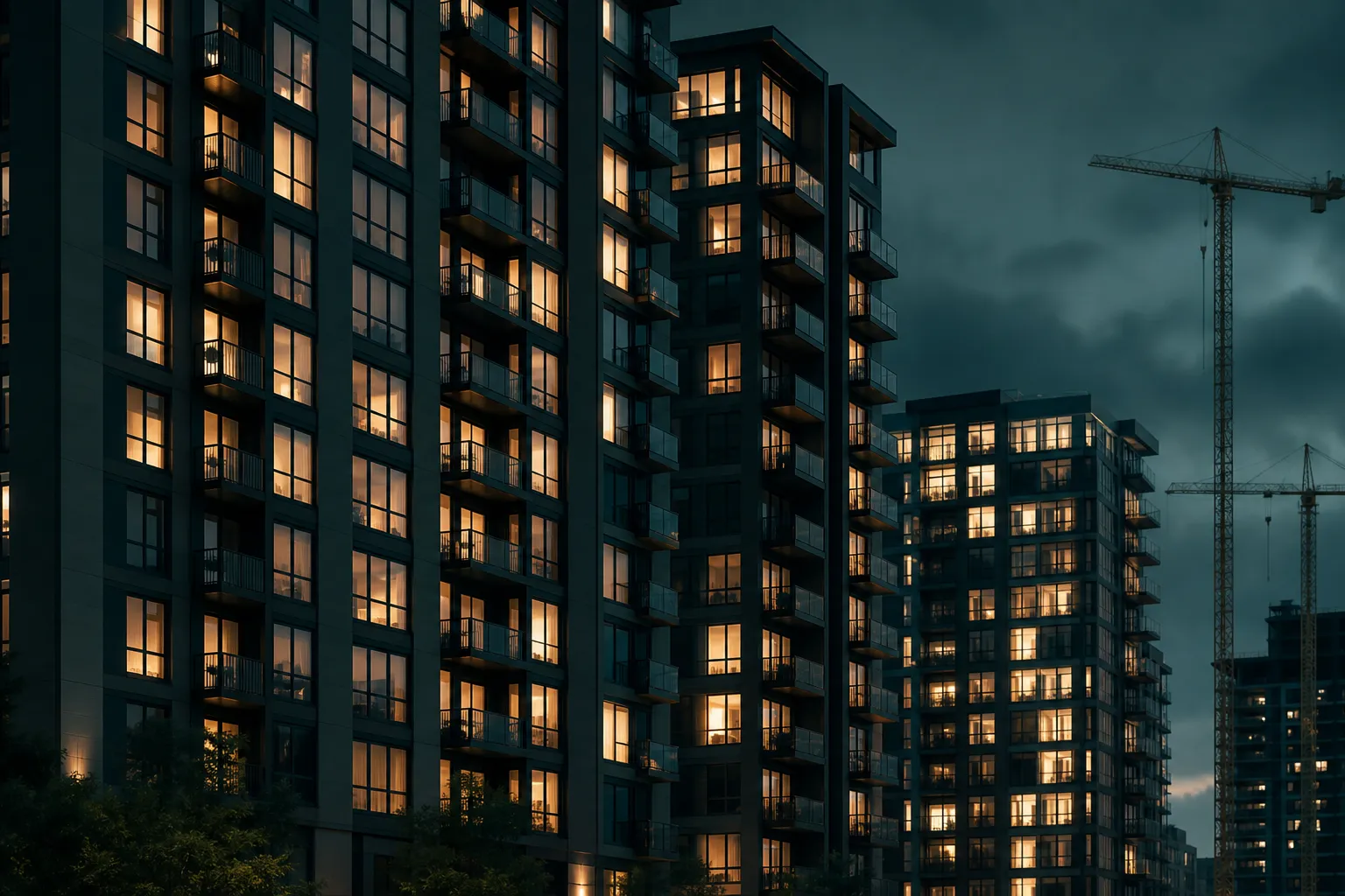 Apartment towers filling with lights beside idle construction cranes